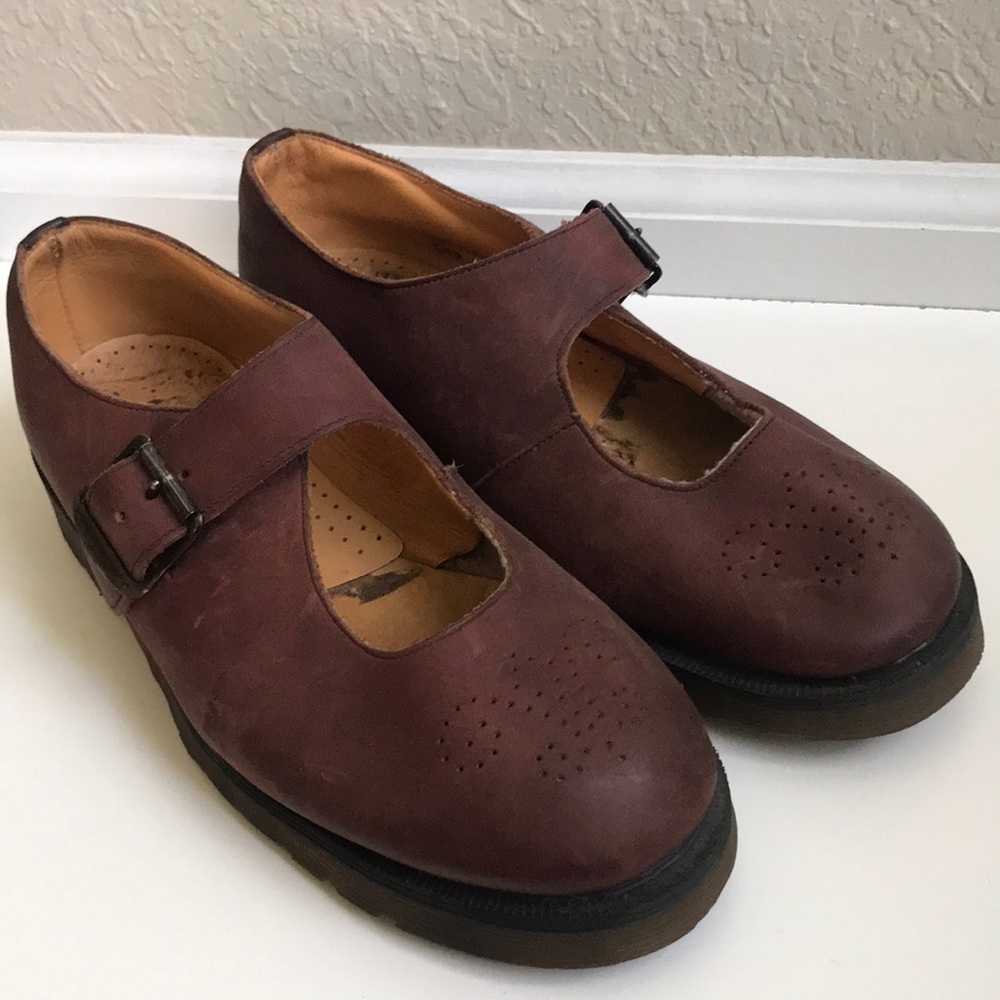 Vintage Dr. Martens Women's Doc England Leather Platform Mary Janes In Burgundy
